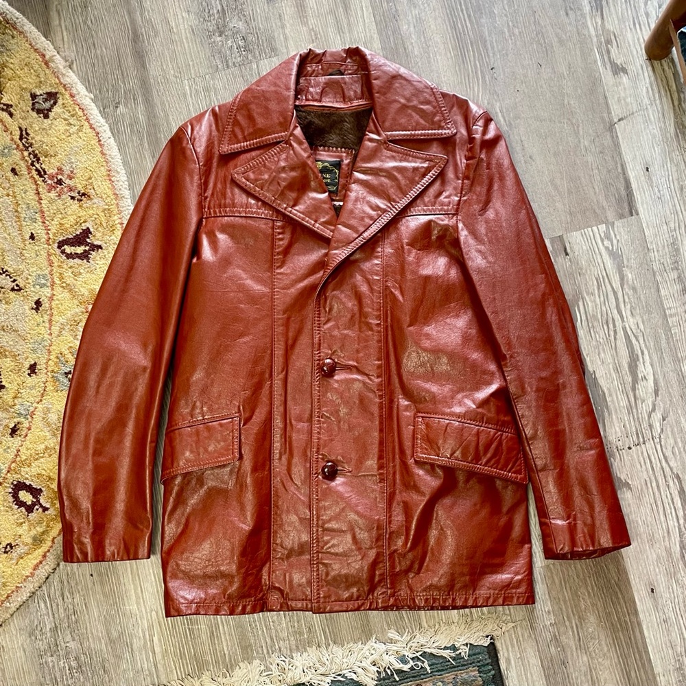 Vintage 1970s Red Leather Jacket Big Lapel Removable Liner